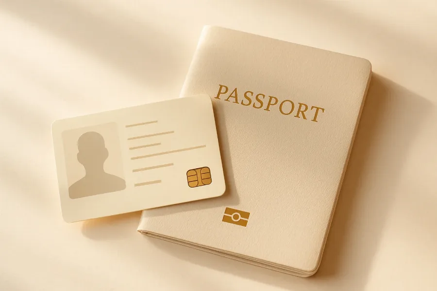 a new identity card and passport on a flag-free neutral dark background with bronze light