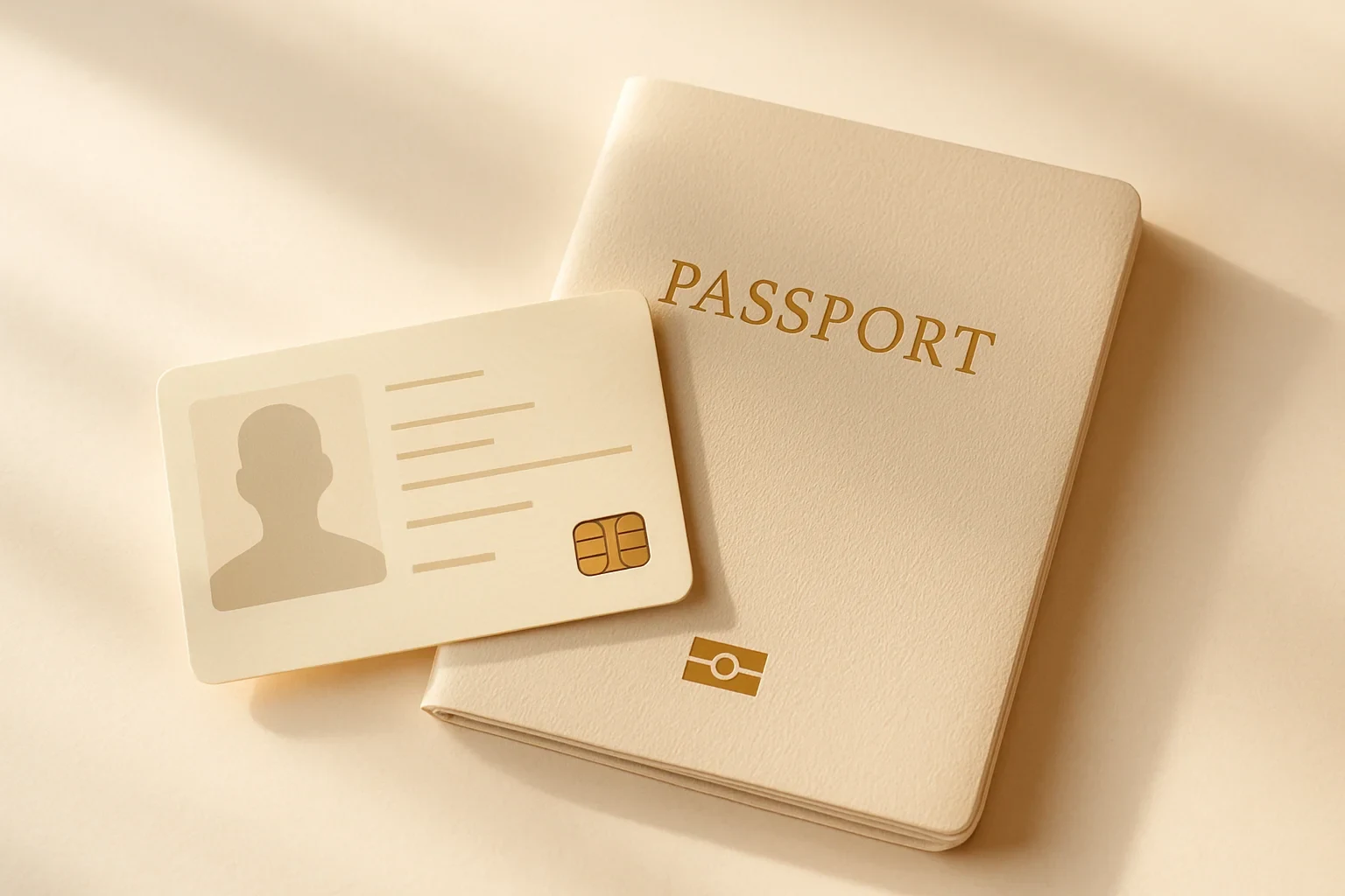 a new identity card and passport on a flag-free neutral dark background with bronze light