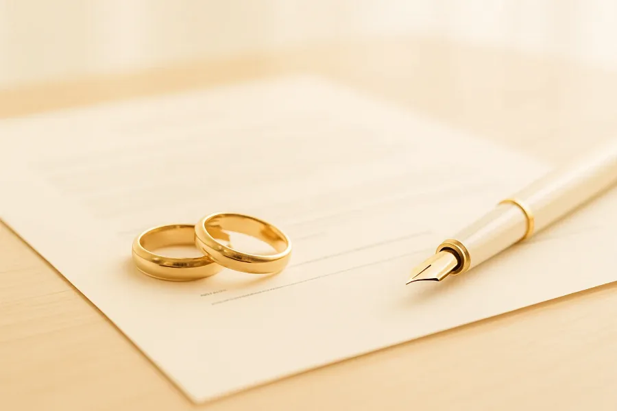 two wedding rings resting on an official document beside a fountain pen