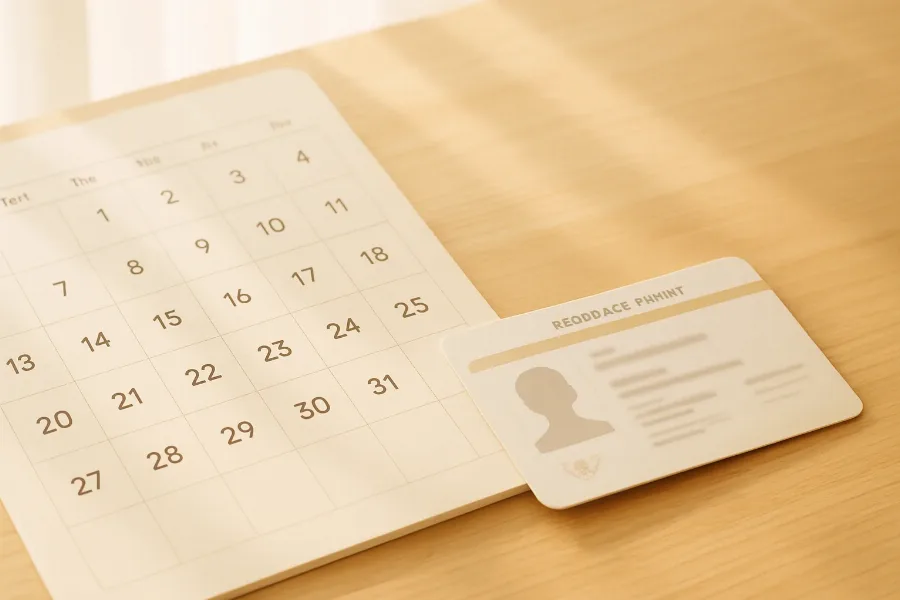 a calendar page and a residence permit card on a wooden desk, warm light