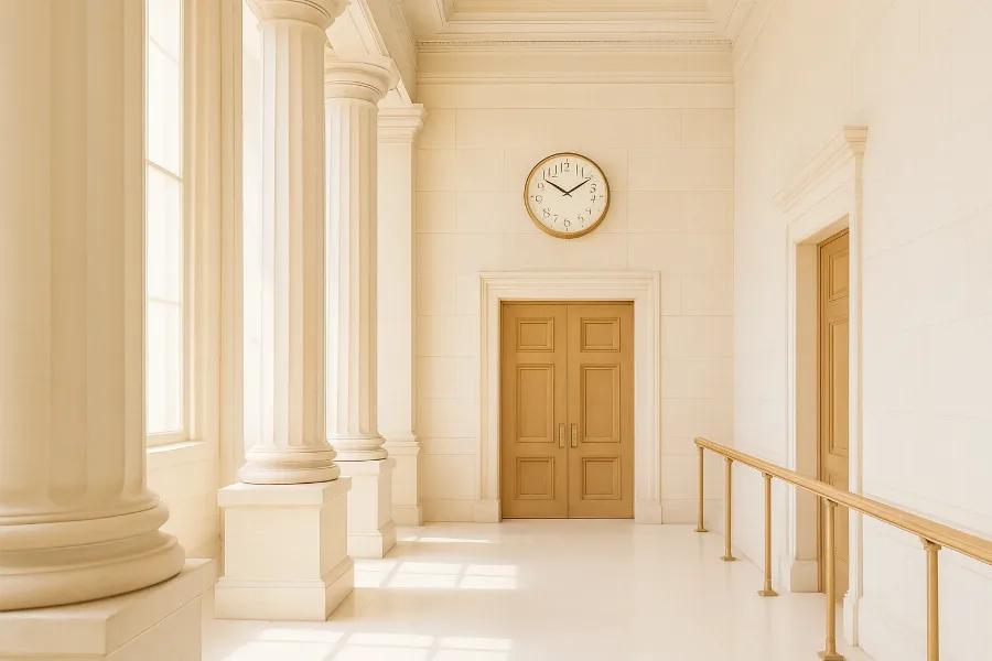 a courthouse corridor with tall columns and a wall clock, dramatic side light