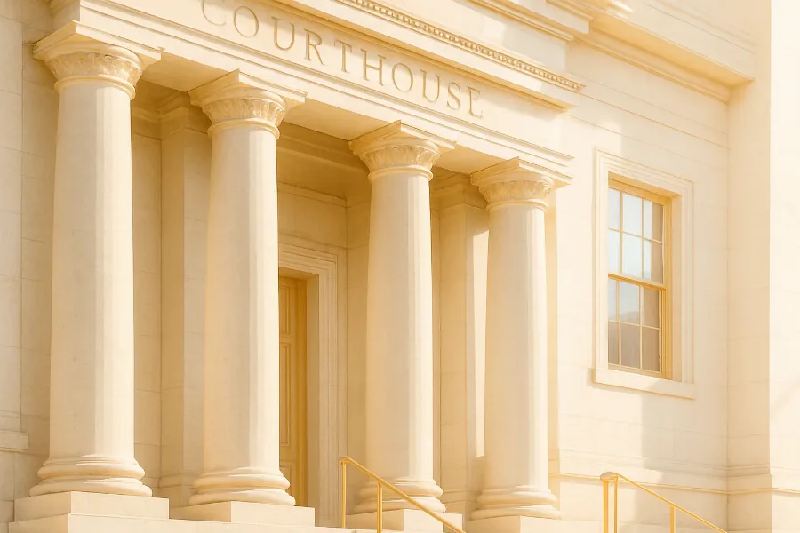 scales-free courthouse facade detail with tall stone columns at dusk