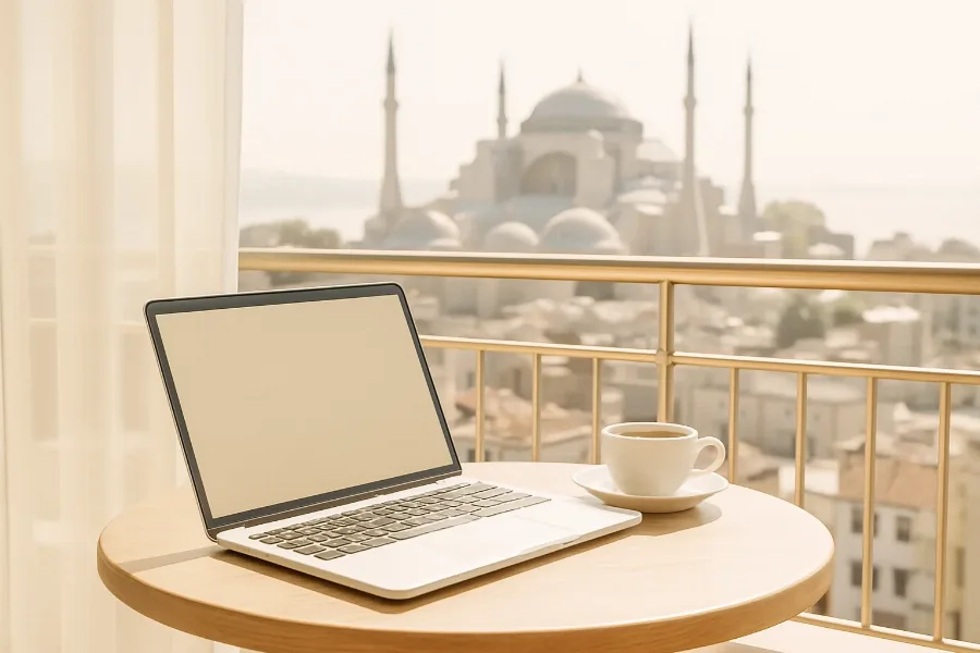 a laptop and coffee on a balcony table overlooking an Istanbul skyline at golden hour