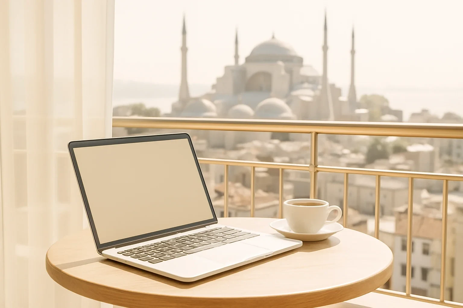 a laptop and coffee on a balcony table overlooking an Istanbul skyline at golden hour