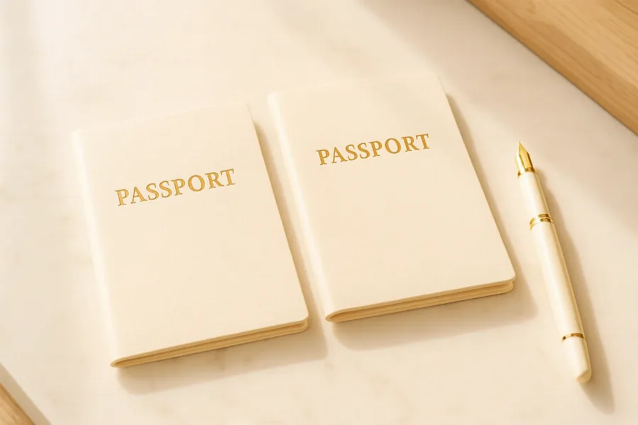 two passport booklets side by side on a marble surface with a fountain pen