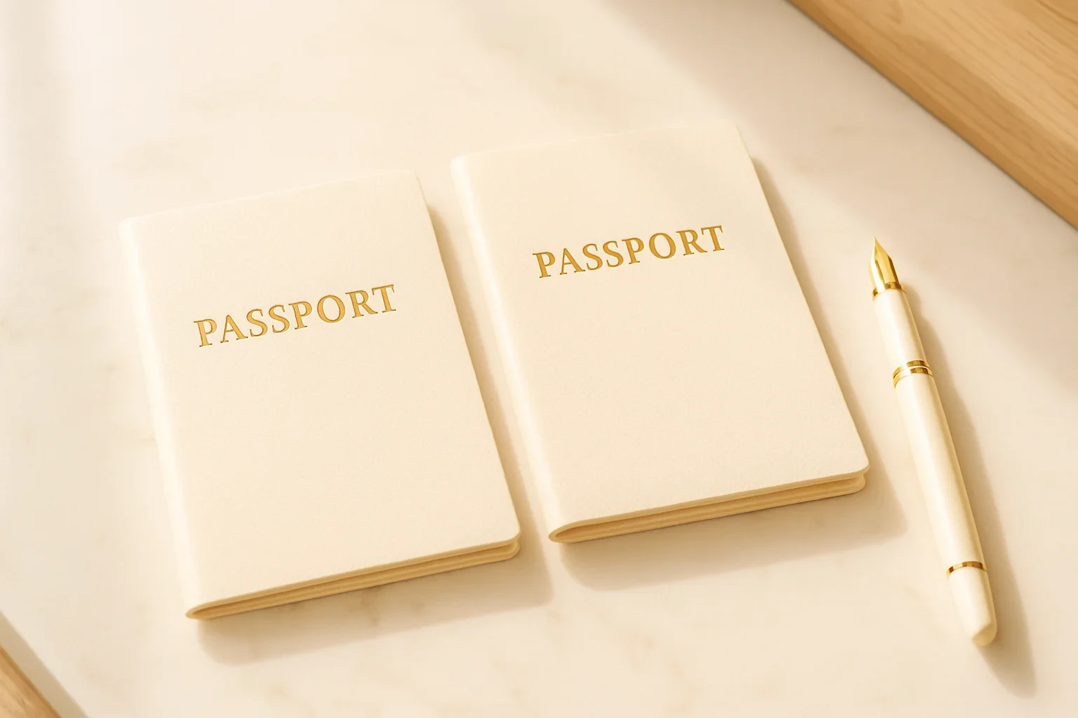 two passport booklets side by side on a marble surface with a fountain pen