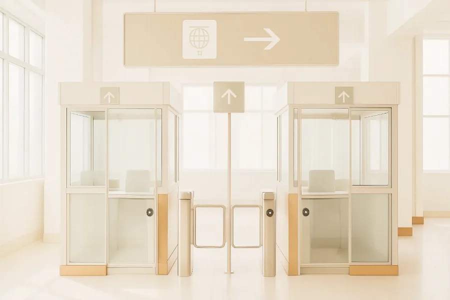 a border control gate with glass booths and signage silhouettes, cool dramatic light