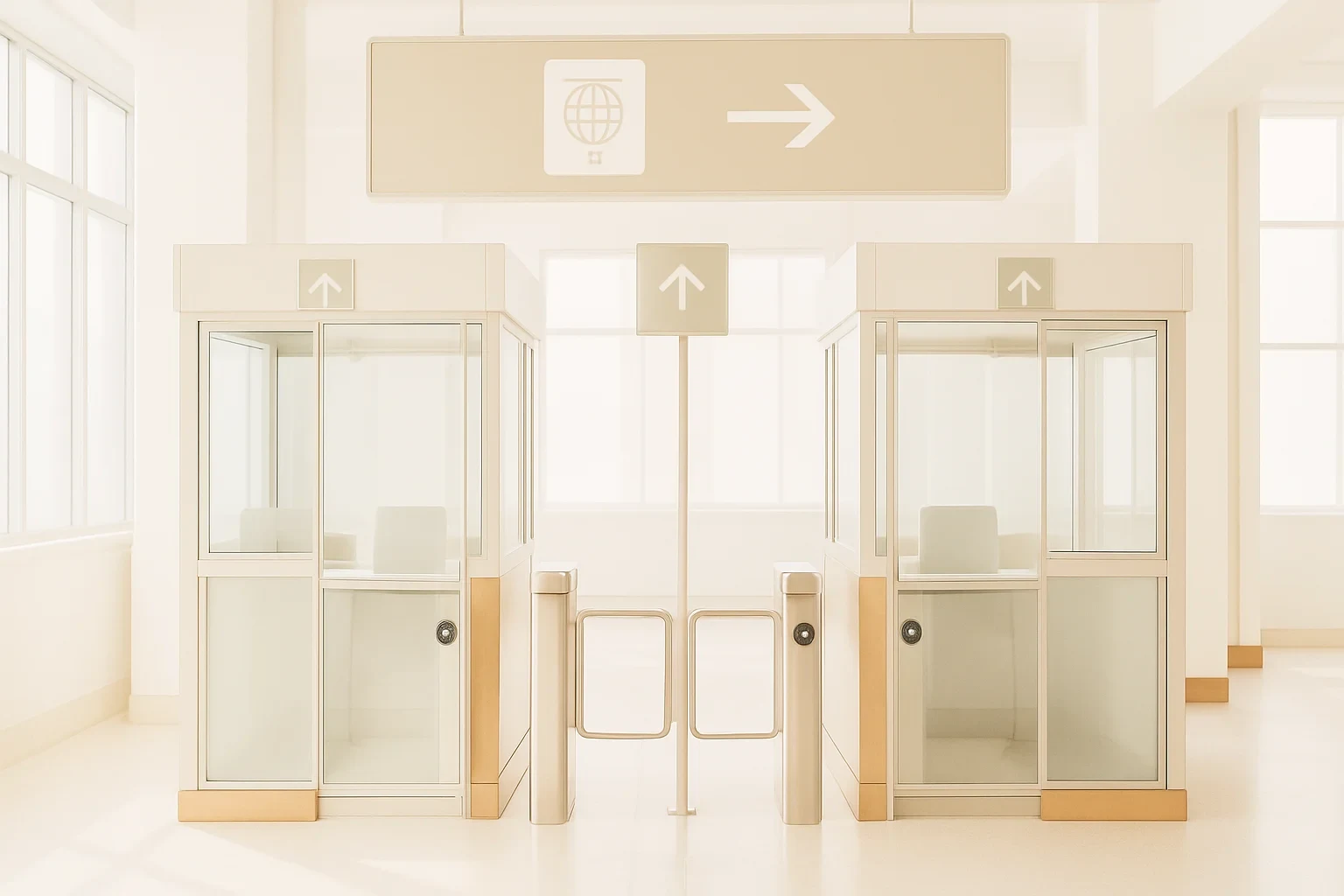 a border control gate with glass booths and signage silhouettes, cool dramatic light