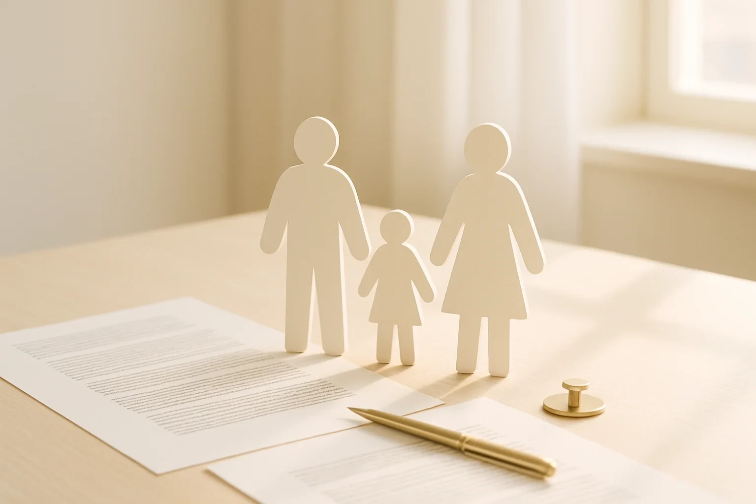 a family of paper silhouettes beside official documents on a warm-lit desk, tasteful and abstract