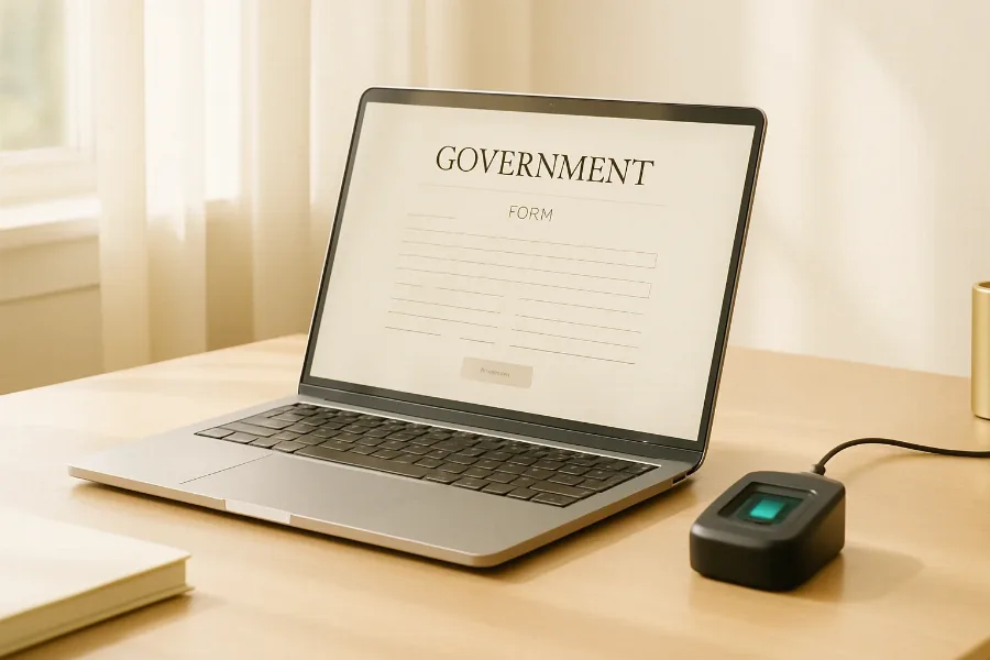 a laptop on a desk showing a blurred government-style web form beside a fingerprint scanner