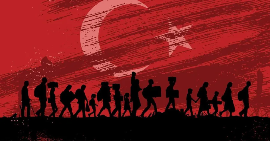 Silhouettes of migrants against a Turkish flag background.
