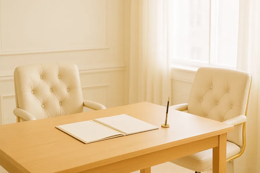 a formal interview room with two leather chairs facing a desk with a document folder, warm window light