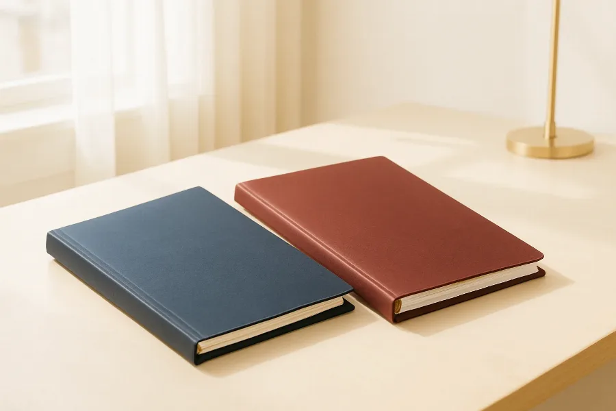 two document folders on a desk, one navy and one bordeaux, under a desk lamp