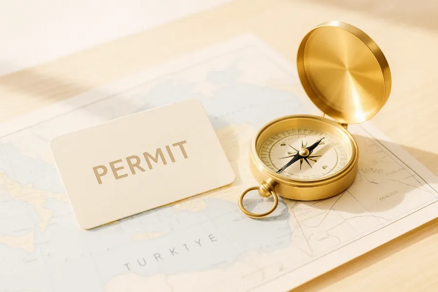 a permit card resting on a map of Türkiye with a brass compass, editorial style
