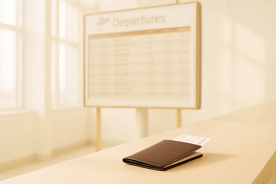 an airport departure board silhouette and a passport with a boarding pass on a counter