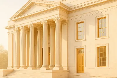 Courthouse columns at dusk — criminal defense