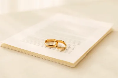 Wedding rings on a legal document — family law