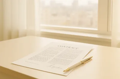 Signed bilingual contract and city skyline — business law