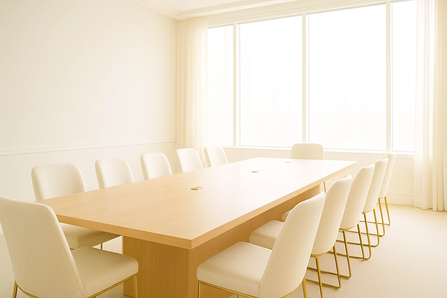 International arbitration hearing room overlooking a city skyline