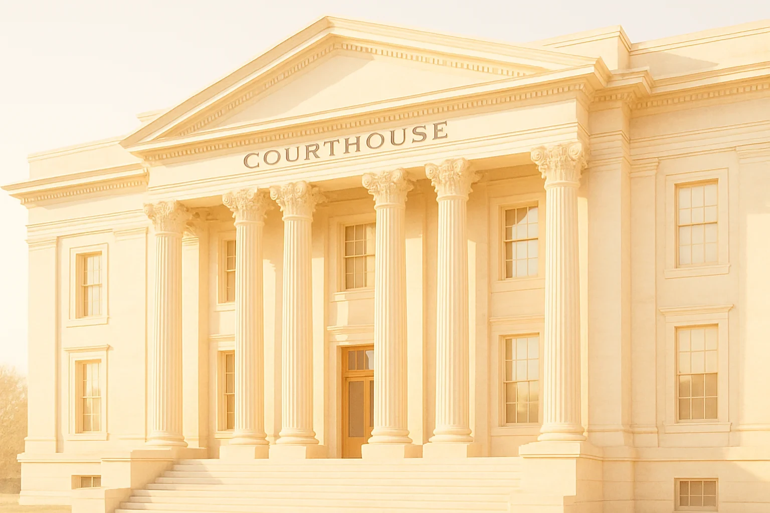 Courthouse facade with stone columns at dusk
