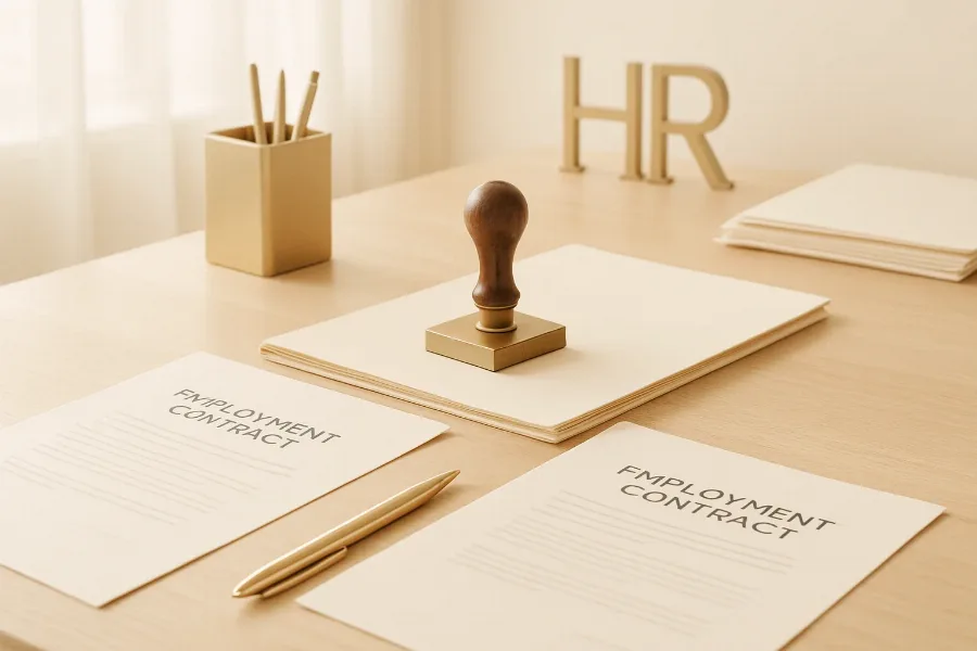 a modern HR office desk with employment contracts and a company stamp