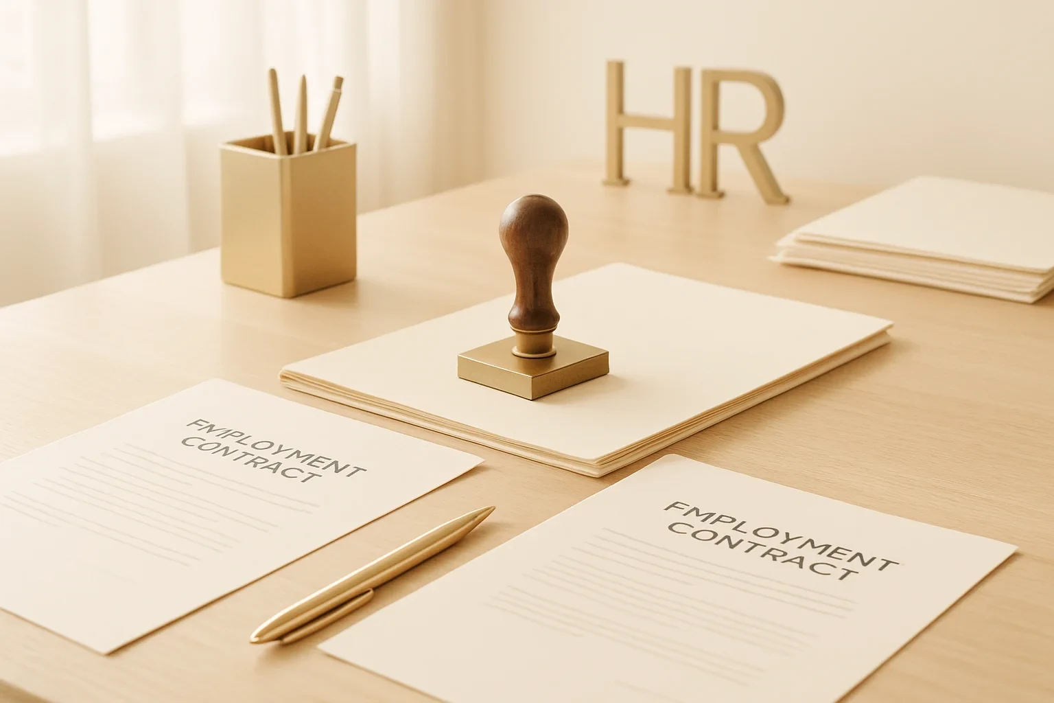 a modern HR office desk with employment contracts and a company stamp