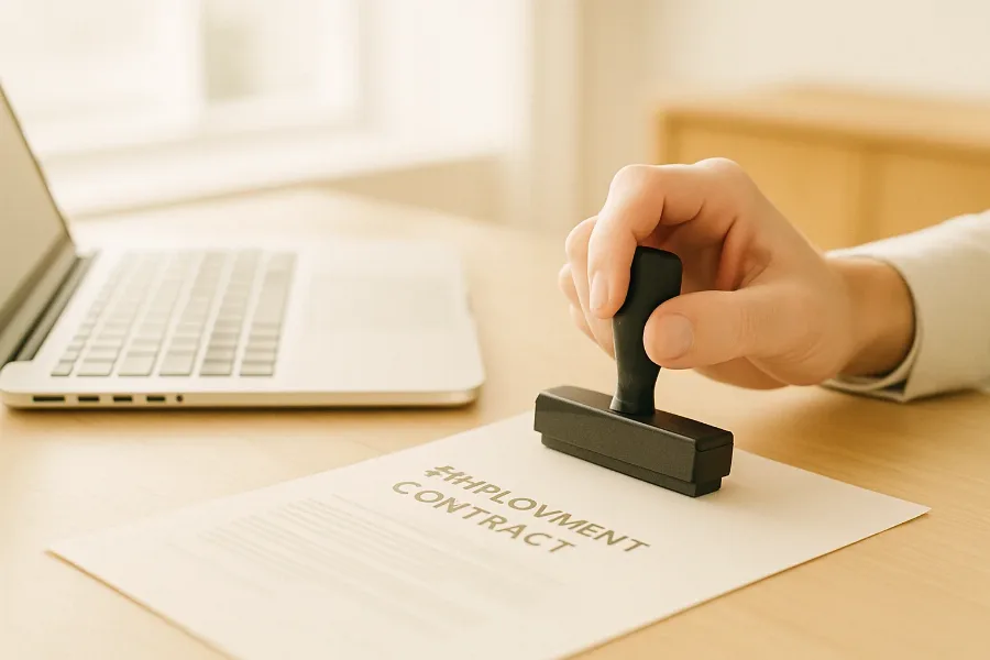 an employment contract being stamped beside a laptop in a modern office, shallow depth of field