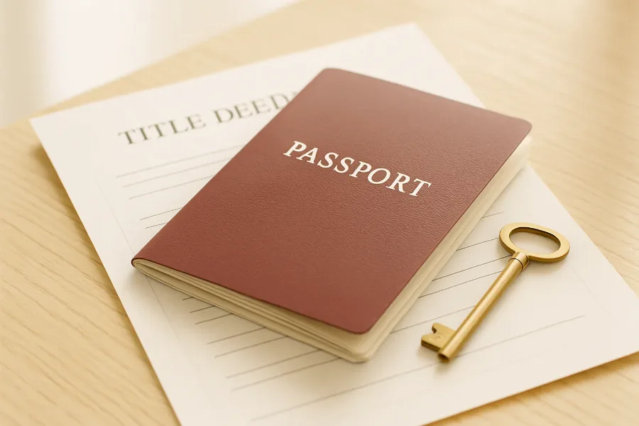 a burgundy passport booklet resting on property title deeds and a brass key on a dark walnut desk