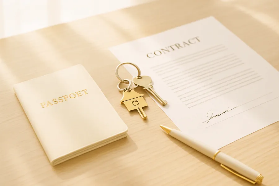 a passport, house keys and a signed contract arranged on a dark desk with dramatic light