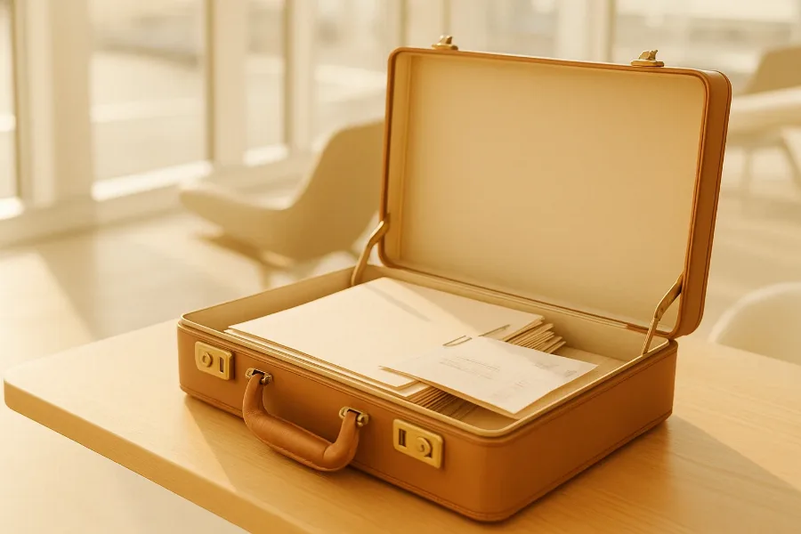 an open briefcase with documents and a boarding pass on an airport lounge table at dusk