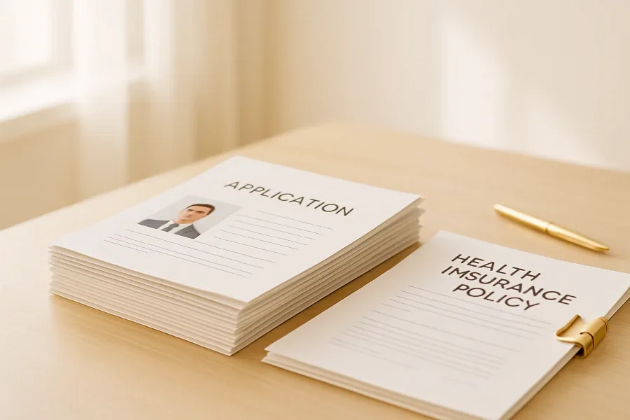 a tidy stack of application documents with passport photos and a health insurance policy on a desk