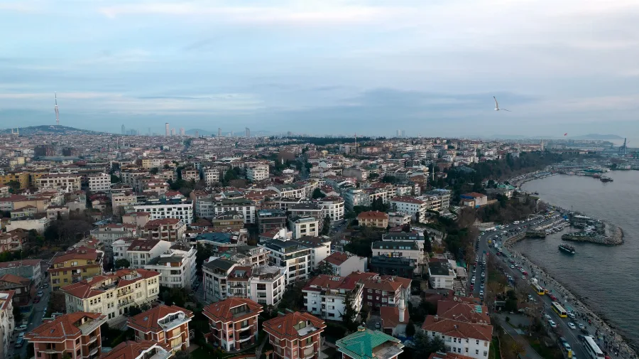 Aerial view of an Istanbul neighbourhood along the Bosphorus shore