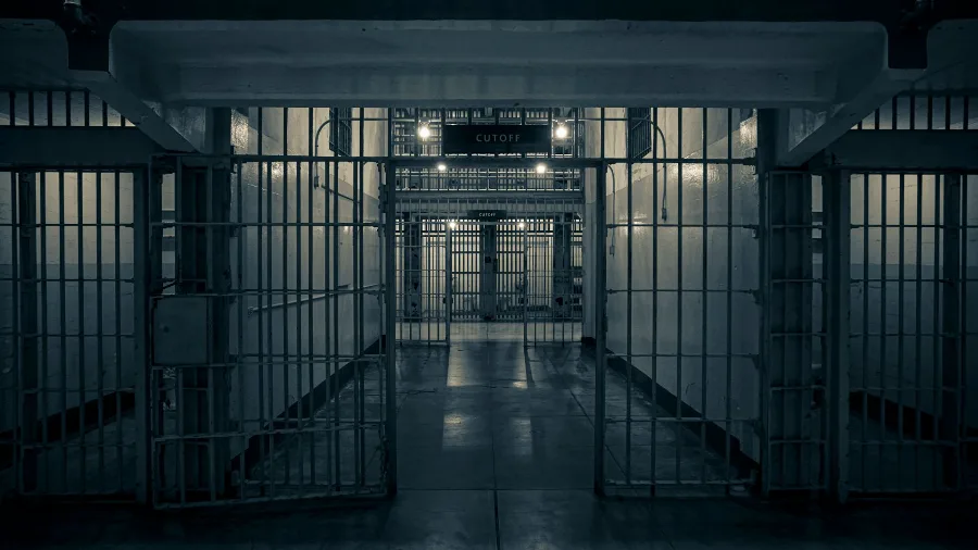 Barred gates along a dimly lit prison corridor